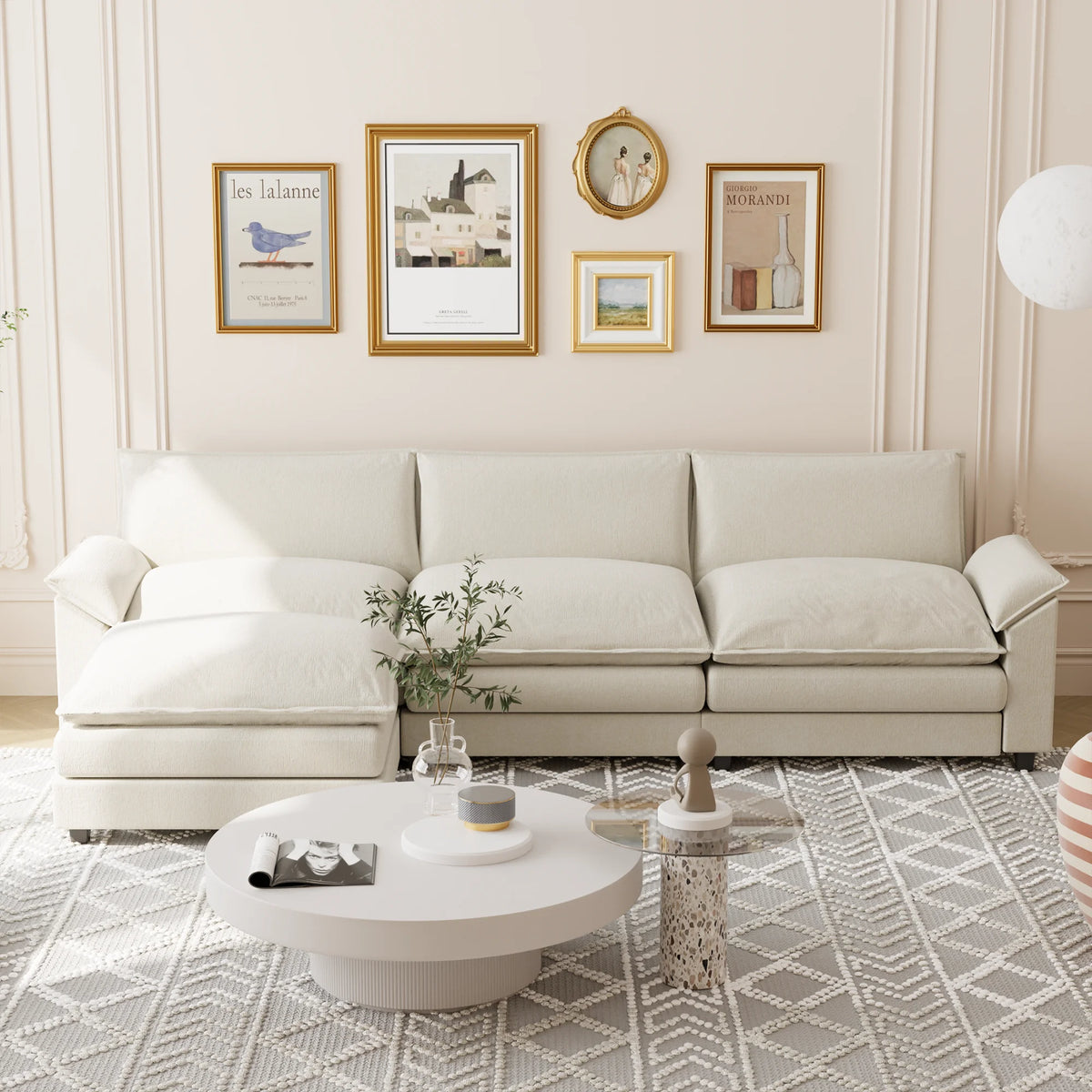 Homall Sectional Sofa 3-seat L-shaped Sofa with reversible toffee chair Movable Footrest Sofa,White