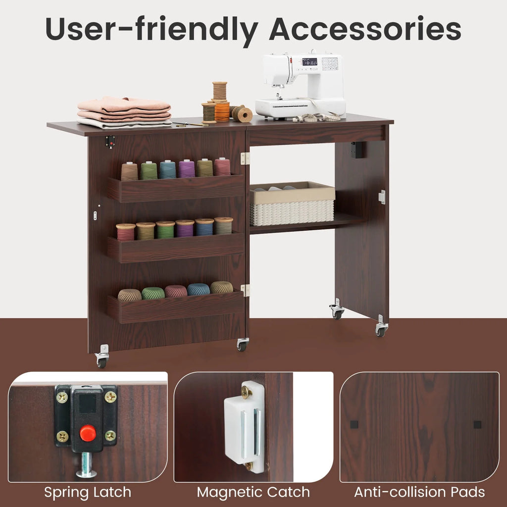 Costway Folding Sewing Table Rolling Craft Station with 3 Storage Bins & Charging Station White+natural