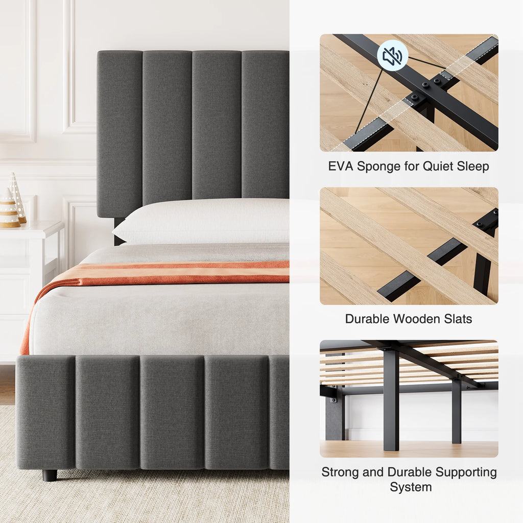 Full Size Bed Frame with 4 Storage Drawers and Adjustable Headboard, Linen Upholstered Platform Bed Frame with Wooden Slats Support, No Box Spring Needed, Dark Grey