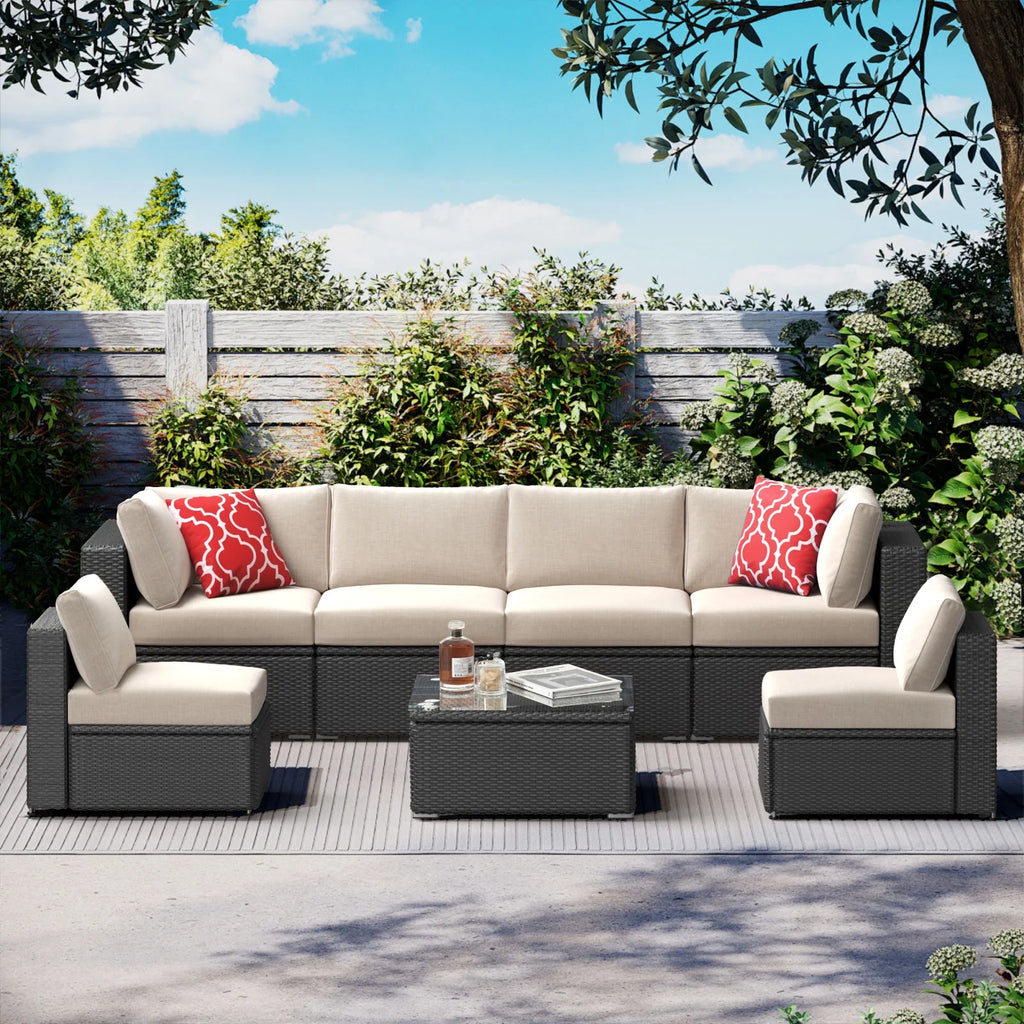 7 Piece Patio Furniture Sets Outdoor Sectional PE Rattan Outdoor Furniture Patio Conversation Set with Cushions and Glass Coffee Table, for Balcony Lawn and Garden, Gray