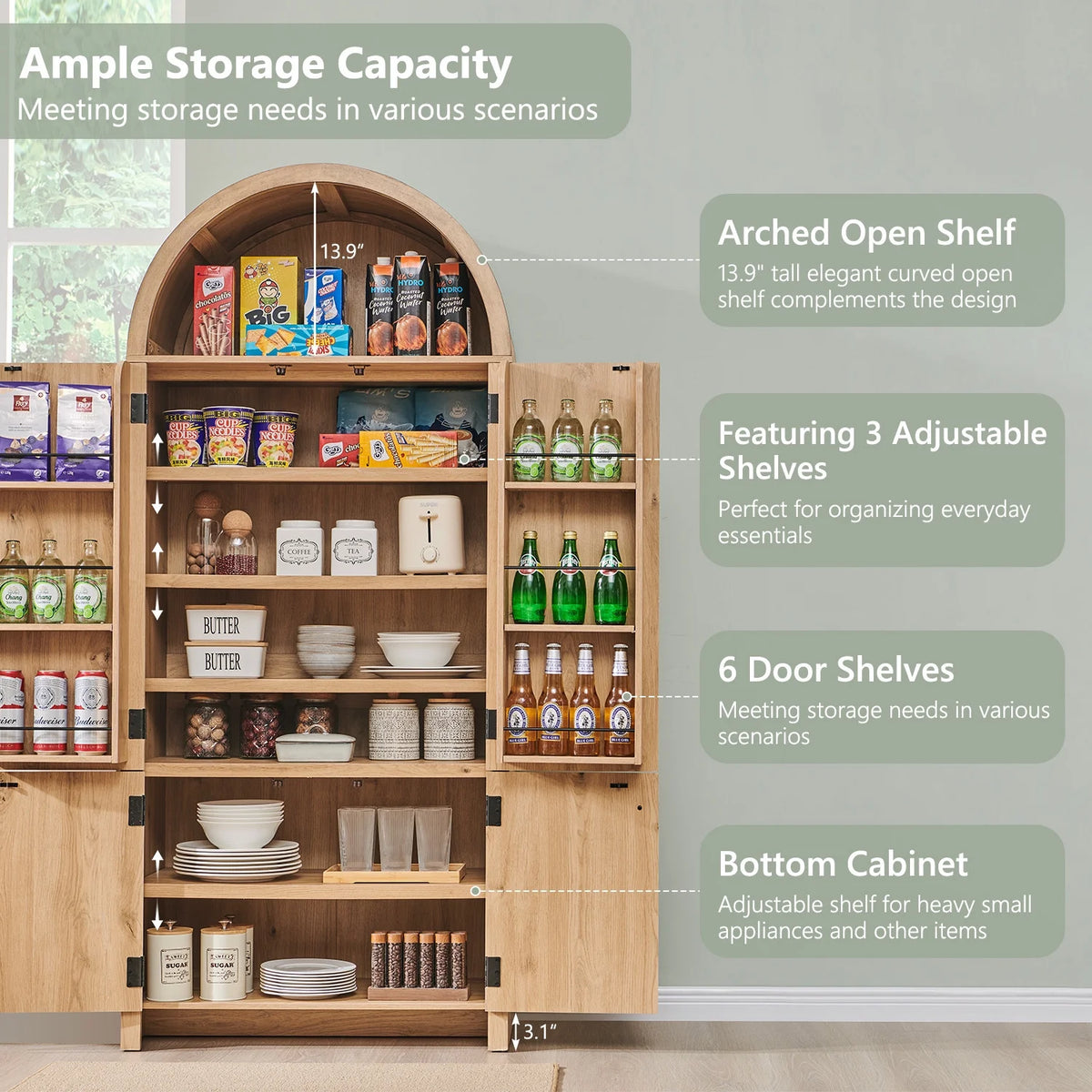 IFGET 71-Inch Arched 4-Tier Bookcase with Glass Doors and Drawers