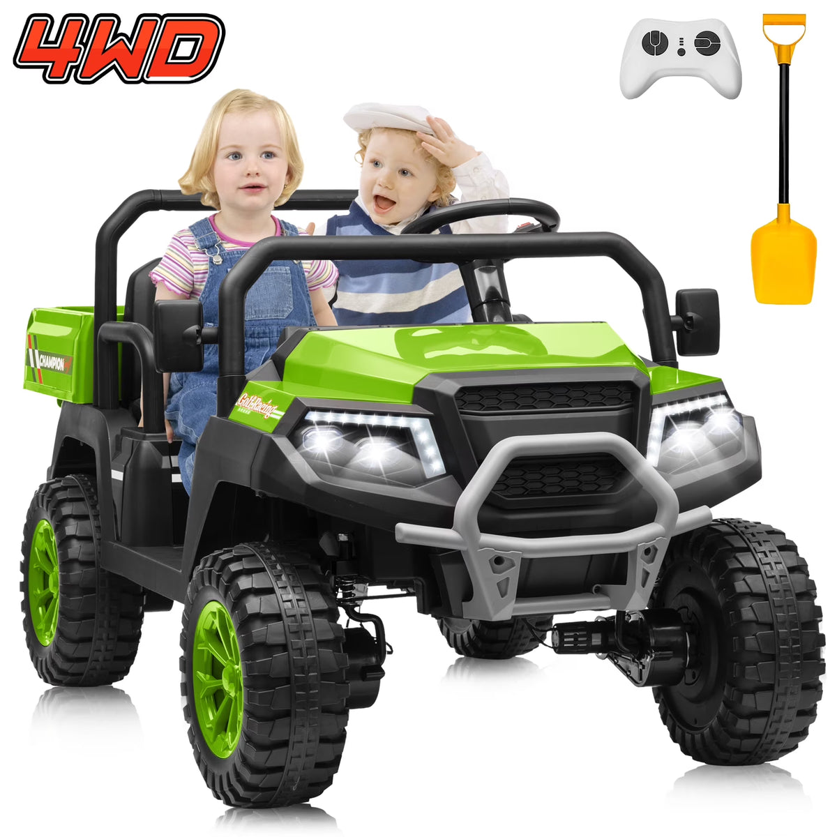 Joyracer 4WD 24 Volt Ride on Toys UTV with 2 Seater & Remote Control, Kids Electric Golf Cart w/ 4x200W Power Motors, Tiltable Trailer & Shovel, 4 Wheels Spring Suspension, Bluetooth USB Music, Black