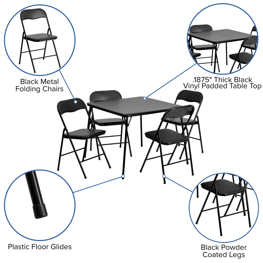 Madison 5-Piece Folding Card Table and Chairs Set, Portable Event Table and Chairs Set, Black