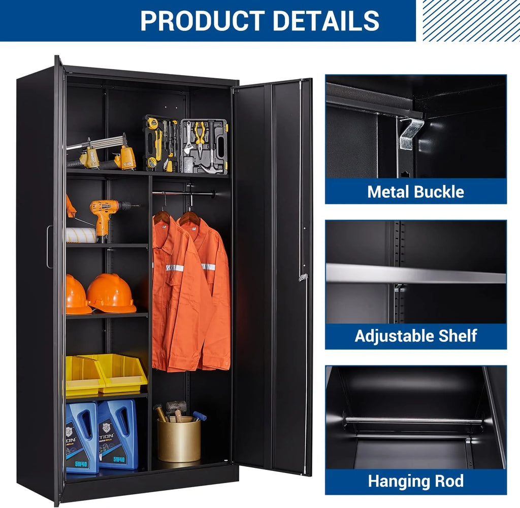 STANI Metal Locker Storage Cabinet, Employees Locker with Hanging Rod Bar, 71a?? Black Tall Steel Wardrobe for Home, School, Office (Assembly Required)