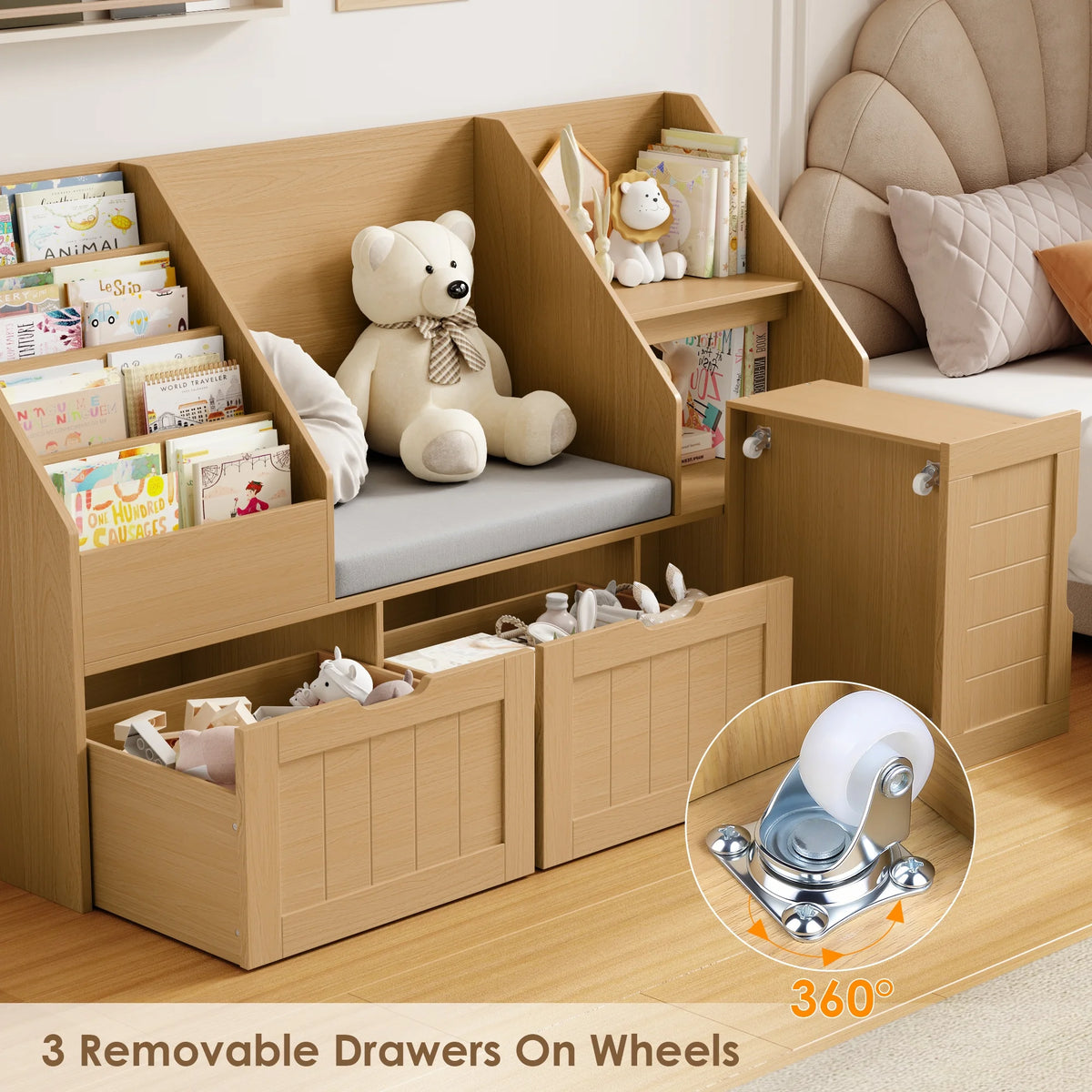 Homfa Kids Bookshelf with Reading Nook & 3 Movable Drawers, 2 Cube Bookcase with 4-Tier Book Racks, Toy Storage Organizer for Playroom Bedroom, White