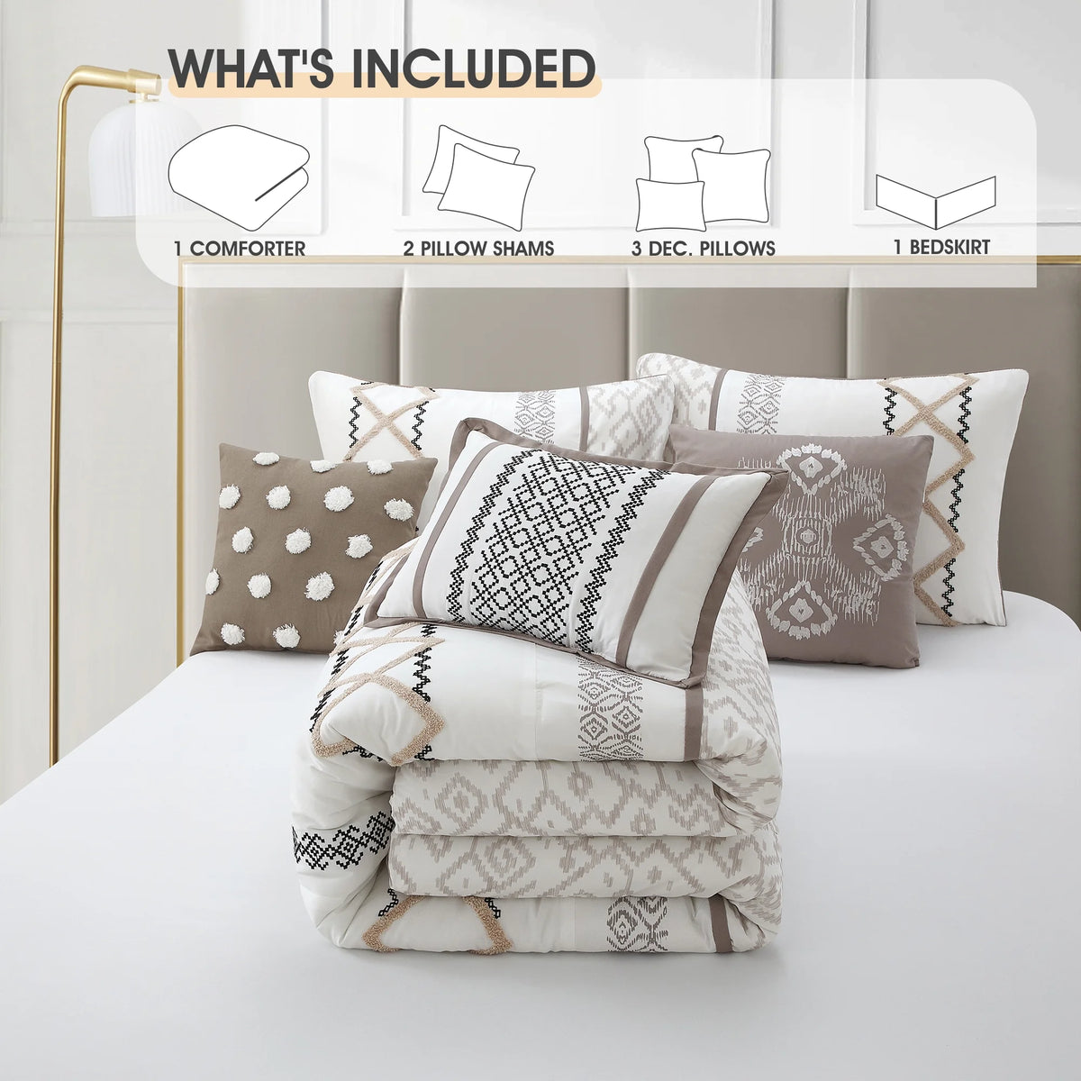 Lanco Luxury 7 Piece Cozy Boho Comforter Set Queen Beige Embroidered Girls Bedding, Premium Microfiber, All Season Home Décor