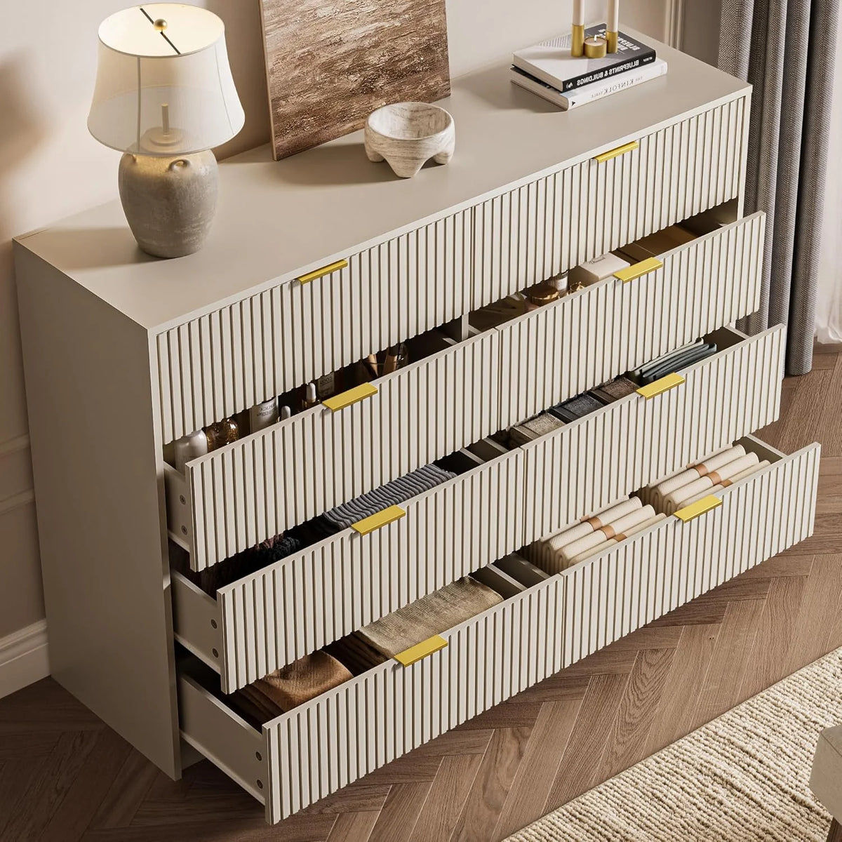 Furniway Black Dresser for Bedroom, 8 Drawer Double Dresser, Modern Chest of Drawers for Bedroom, Living Room, Entryway and Closet, 55" L x 15.7" D x 37.4" H