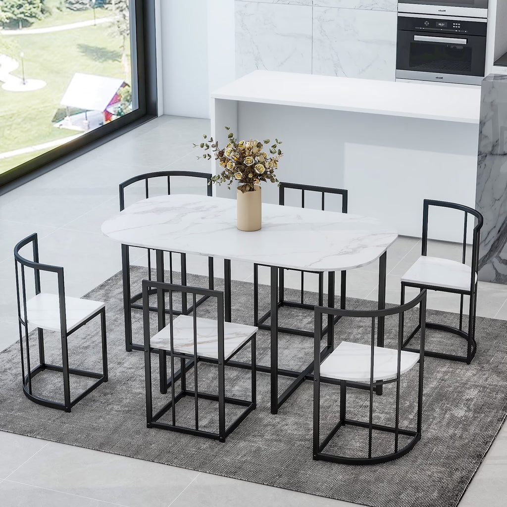 7-Piece Dining Table Set with 6Stools - Industrial Compact Kitchen Table & Chairs Sets, Space-Saving Design for Apartment, Small Space, Breakfast Nook