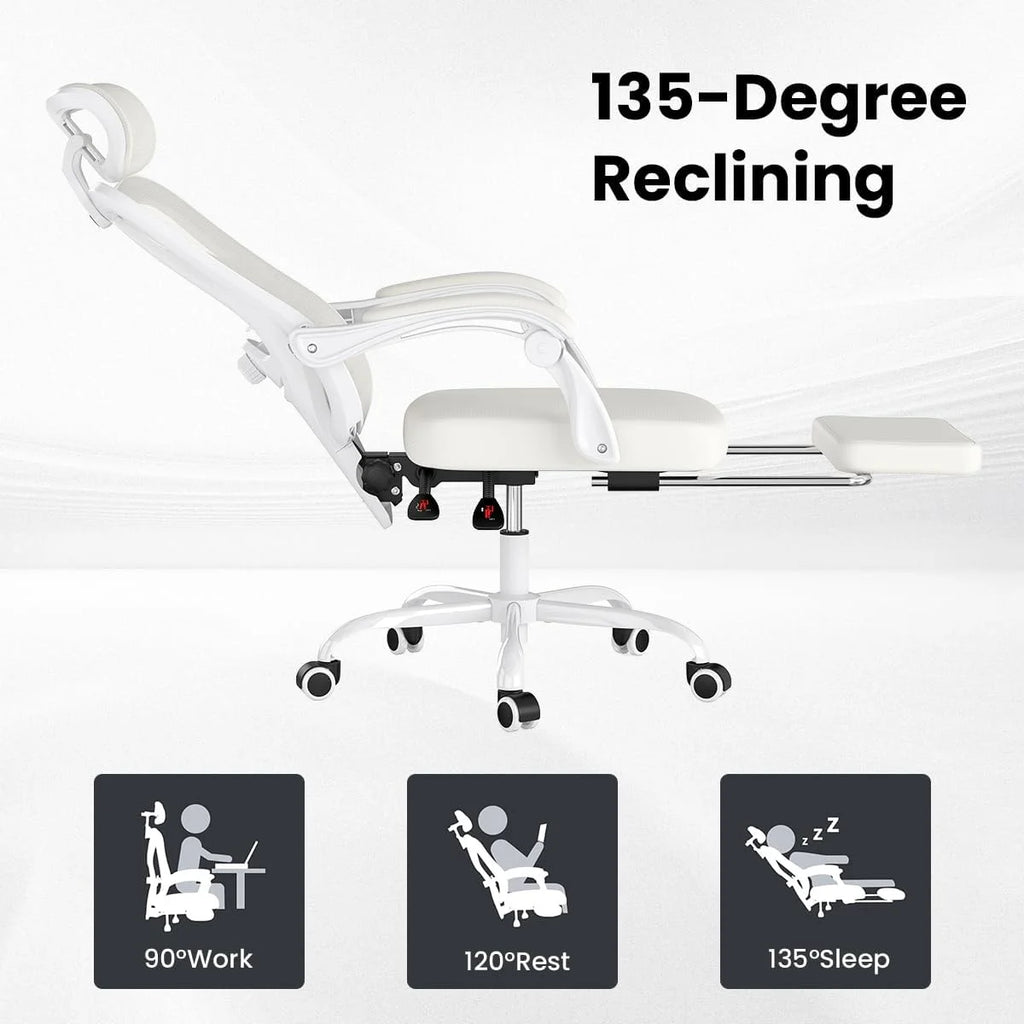 STARY Ergonomic Office Chair with Footrest, High Back Mesh Desk Chair with Adjustable Headrest & Lumbar Support, Comfortable Computer Chair for Home Office Study, White & Beige