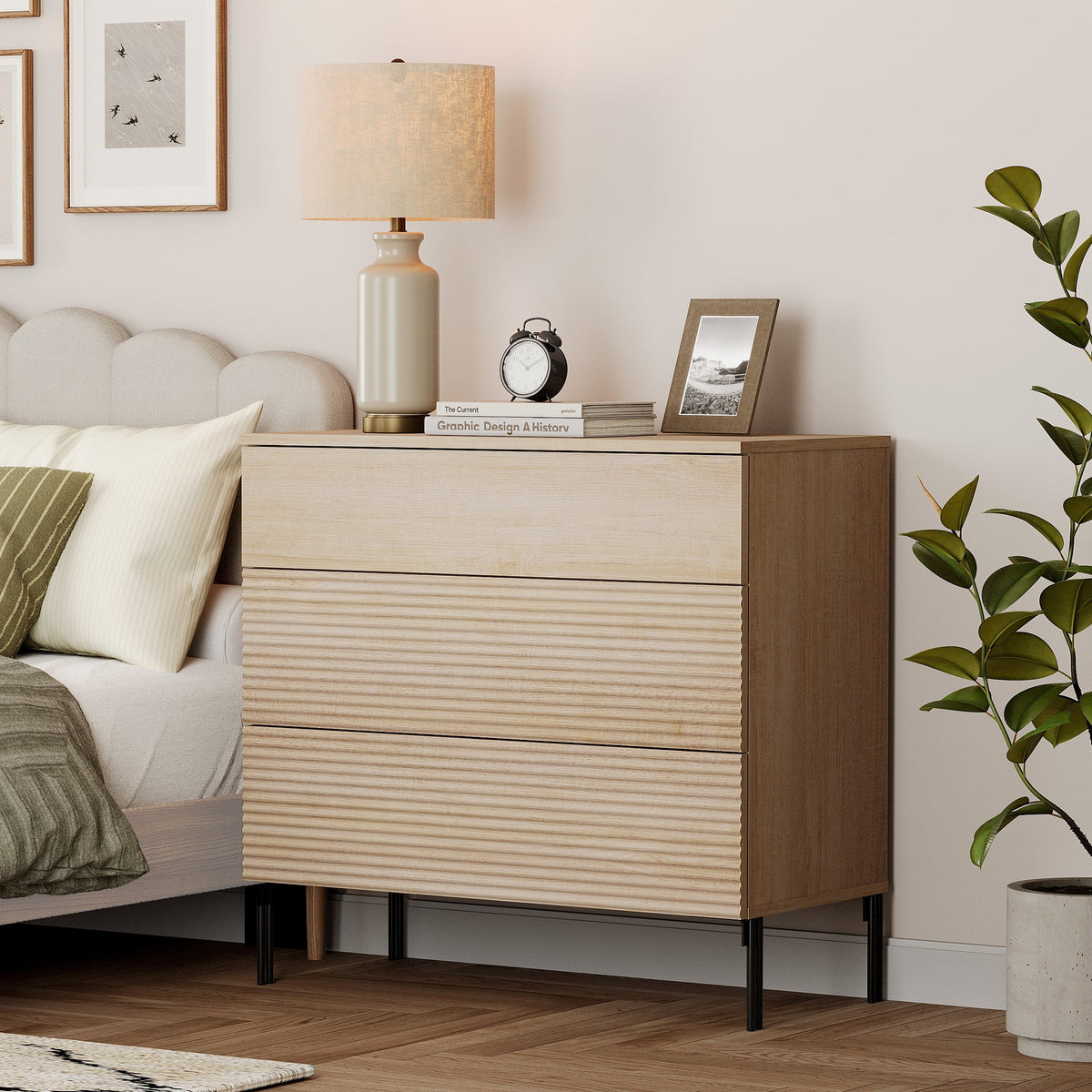 Modern Minimalist Wood Nightstand with 3 Drawers ,31.5" Large End Table,Reeded Design Bedside Table for Bedroom, Living Room,Entryway