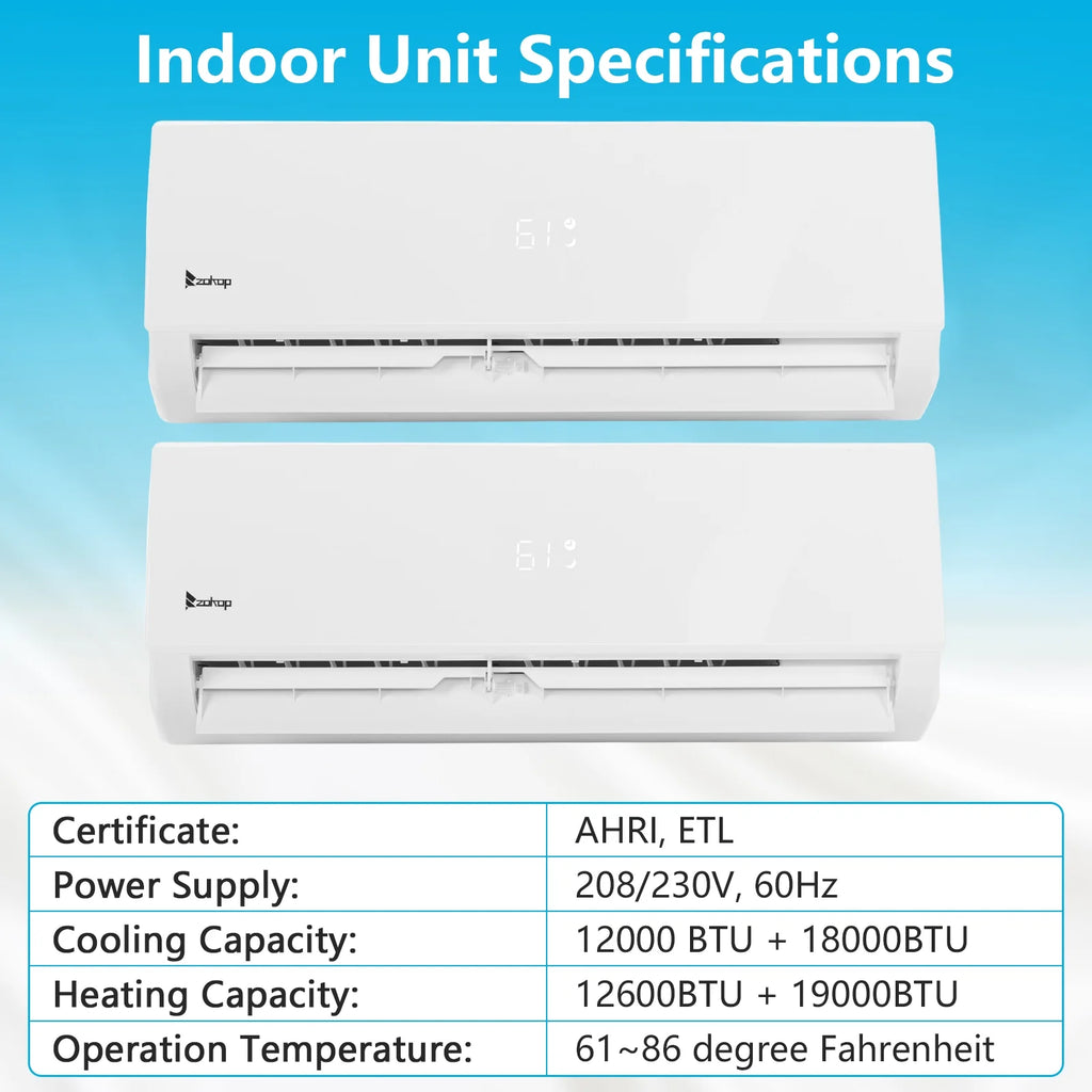 Ktaxon 2 Zone 9000 + 9000 BTU WIFI Mini Split AC/Heating System, 19 SEER2 Dual Zone 18000 BTU Ductless Split Air Conditioner with Pre-Charged Condenser, Heat Pump & 25Ft Installation Kit, 208-230V