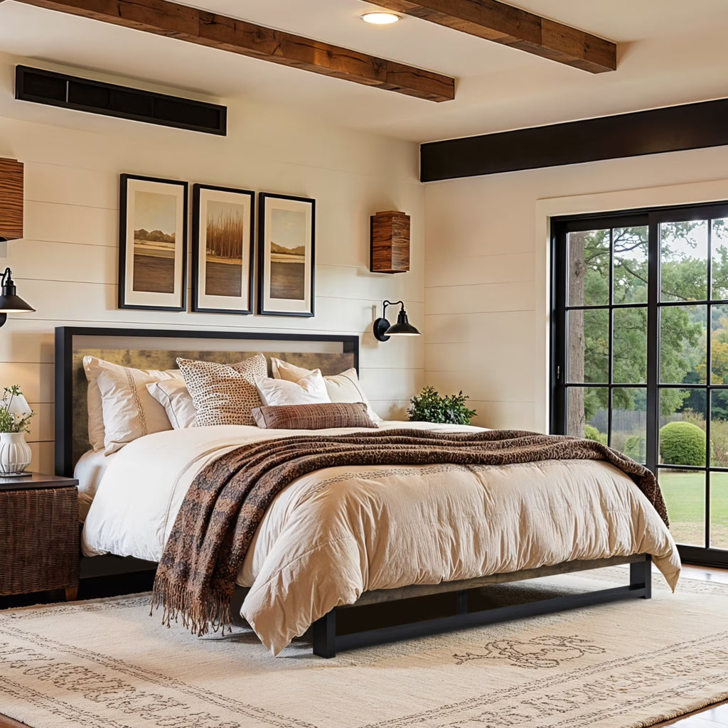Einfach Full Size Bed Frame with Modern Wooden Headboard,Black,No Box Spring Needed