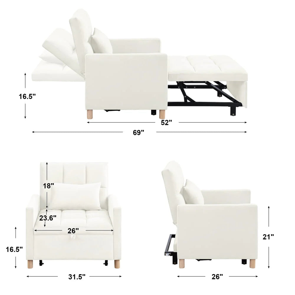 Sleeper Sofa Chair Bed,3-in-1 Convertible Sleeper Bed Chair,Folding Bed with Adjustable Backrest with Pillow,Multi-Functional Sleeper Chair for Living Room Dorm Apartment,Bedroom Office,Beige