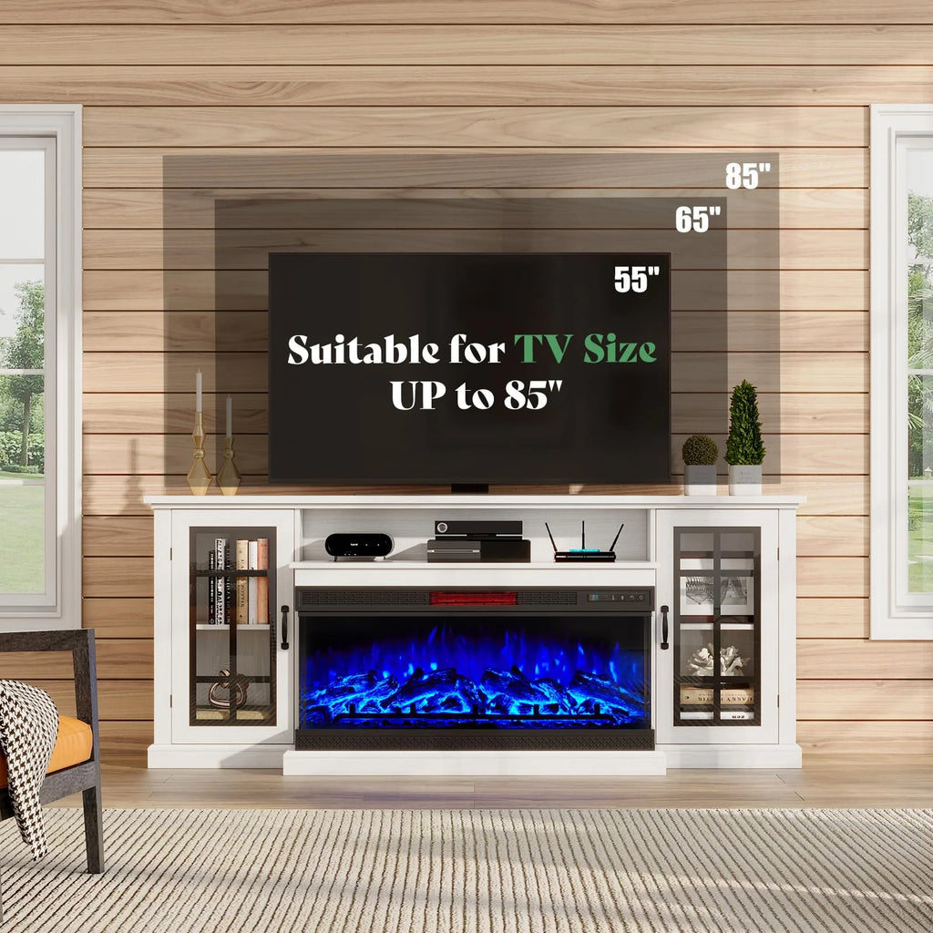 Merluxy 75in 3-Sided Glass Fireplace TV Stand for TVs up to 85", Distressed White