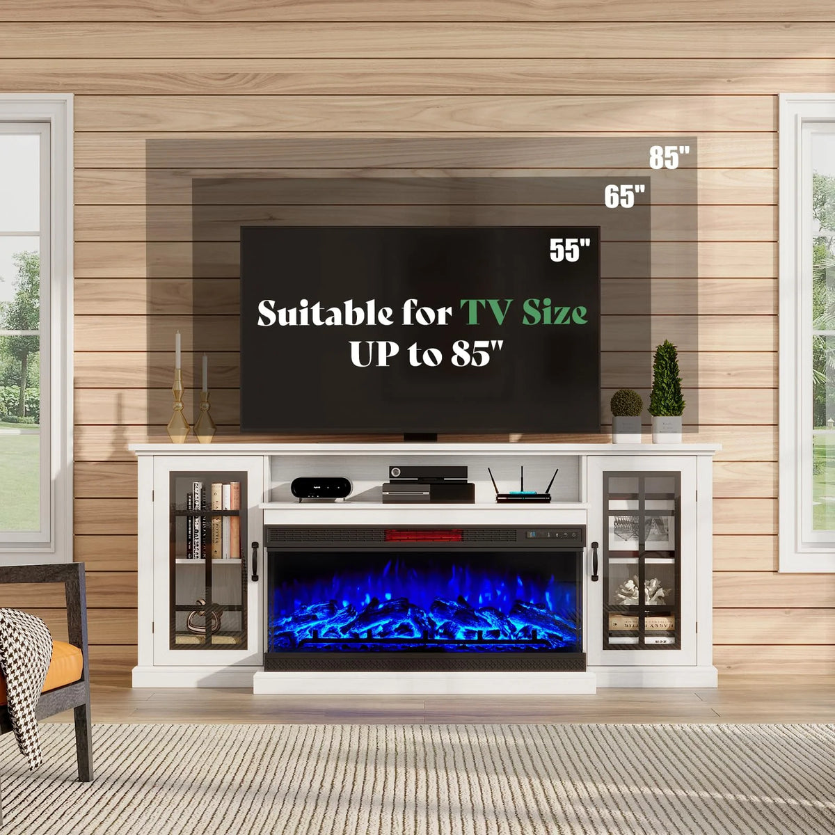 Merluxy 75in 3-Sided Glass Fireplace TV Stand for TVs up to 85", Distressed White