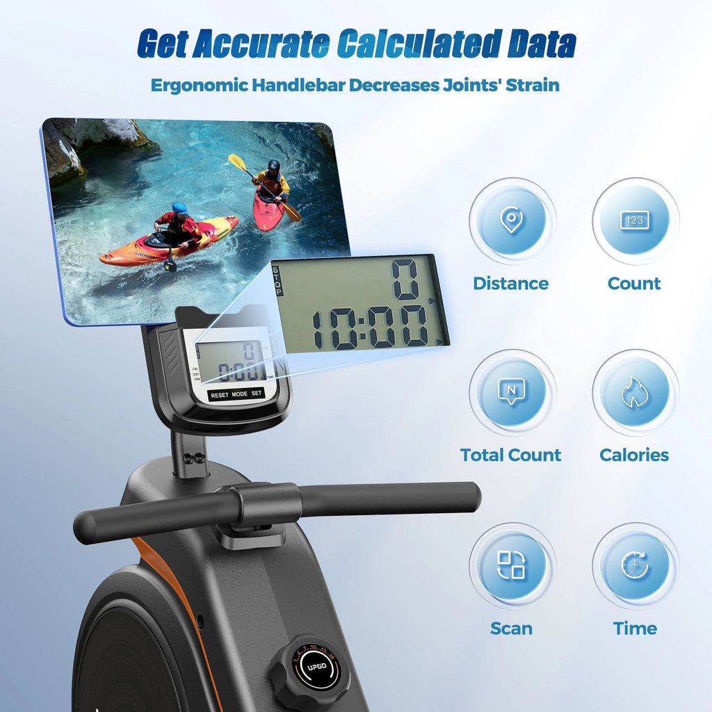 UPGO Magnetic Rowing Machine 350 LB Weight Capacity - Foldable Rower for Home Use with LCD Monaitor, Tablet Holder and Comfortable Seat Cushion