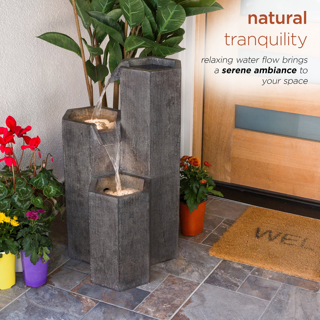 Alpine Corporation 25�� Tall Modern 3-Tier Fountain for Indoor / Outdoor Yard Decor with LED Light