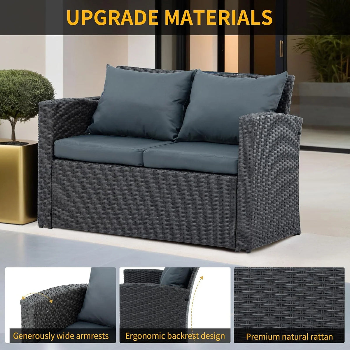 7 Piece Patio Furniture Sets Outdoor Sectional PE Rattan Outdoor Furniture Patio Conversation Set with Cushions and Glass Coffee Table, for Balcony Lawn and Garden, Gray