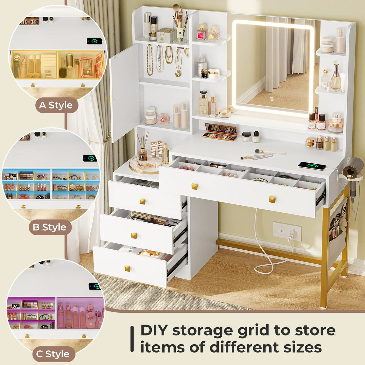 Aunfebrco White Vanity Desk Makeup Vanity Table with Mirror and Lights and Charging Station, Large Dressing Table with Storage Cabinet&6 Drawers&4 Storage Shelves for Bedroom