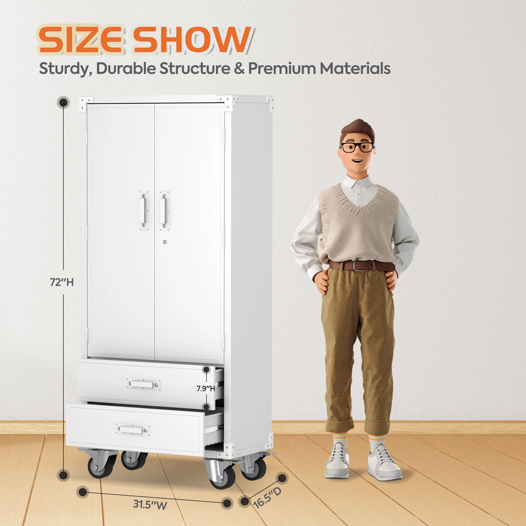 SUPEER 71" Metal Storage Cabinets with Wheels and Pegboards, Industrial Cabinet with 2 Drawers and 2 Adjustable Shelves,, Assembly Required