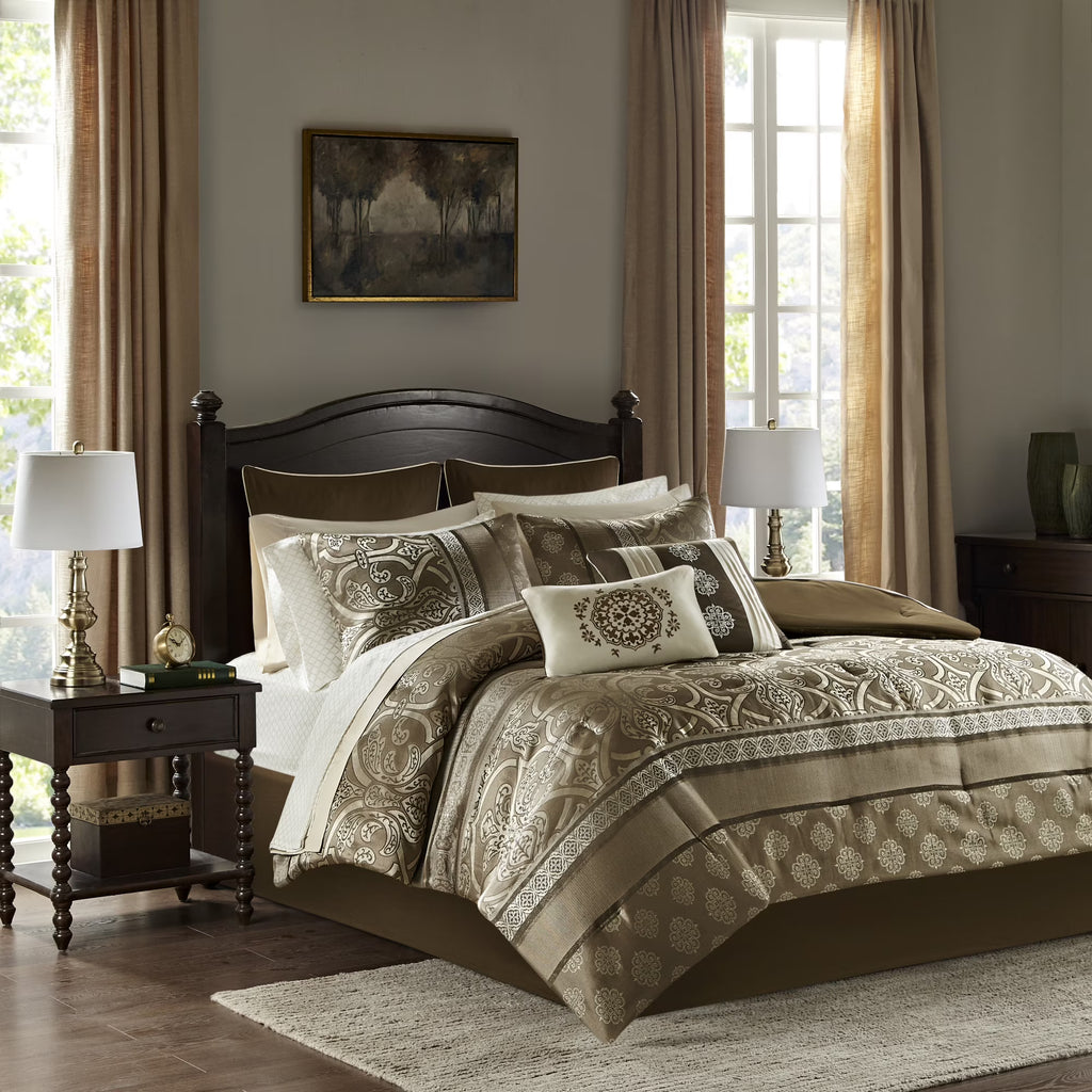 Home Essence Dennie 16 Piece Jacquard Complete Bedding Set With 2 Sheet Sets, King, Brown