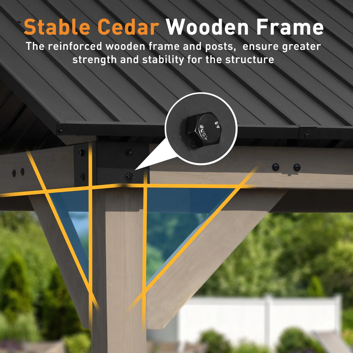 Aoodor 10 x 12 ft Wooden Frame Gazebo with 2-Tier Galvanized Metal Hardtop Roof, Outdoor Patio Gazebo with Charging Socket for Patio, Backyard, Deck, and Lawn