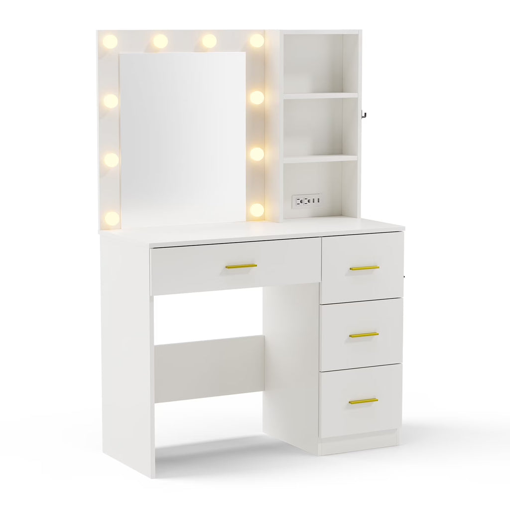 Makeup Vanity with Mirror and 3 Color Lights,Vanity Dressing Table with USB Charging Station,4 Drawers,Open Storage Shelves,White