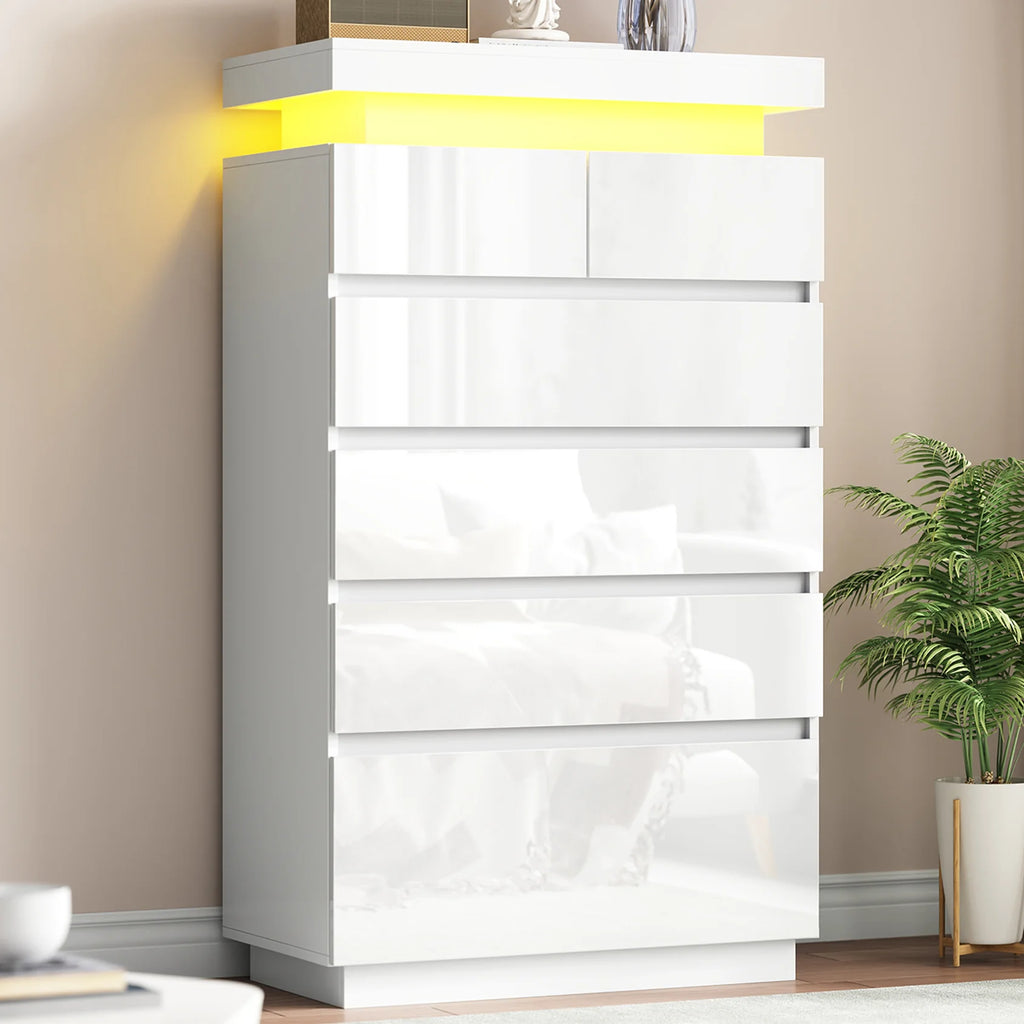 NEGYLIM 6 Drawer White Dresser, High Gloss Dresser with LED Light for Bedroom, Living Room, Hallway, Easy Assembly