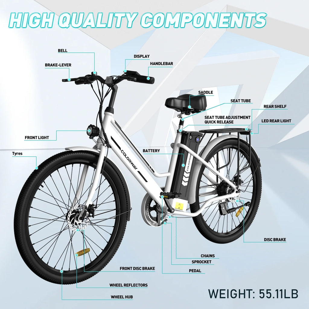 COLORWAY 26" Electric Bike for Woman, 500W Powerful Motor, 36V 12AH Removable Battery E Bike, , Max. Speed 19.9MPH Electric Bicycle UL2849