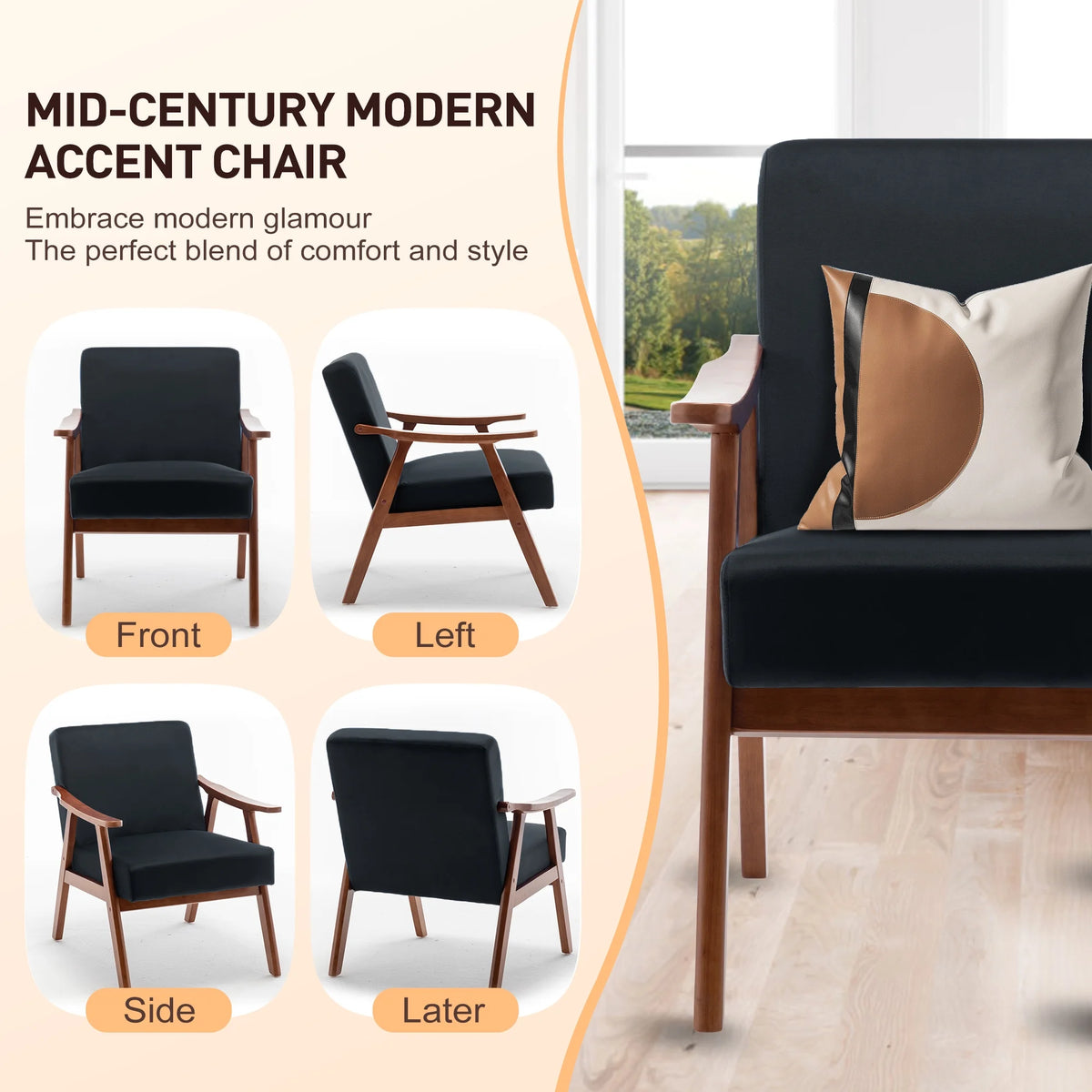 JONPONY Mid-Century Accent Chair,Living Room Chair with Solid Wood Frame,Accent Chair Extra-Thick Backrest,Wingback Chair for Bedroom,Reading Room,Living Room,Small Space,Black