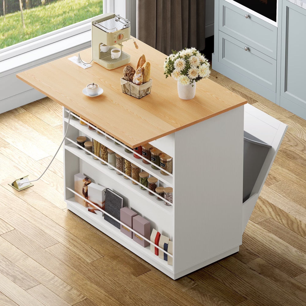 DEXTRUS Kitchen Island Cart with Drop Leaf & Power Outlets, Kitchen Island with 2 Trash Can Cabinets & Storage Shelves, Black