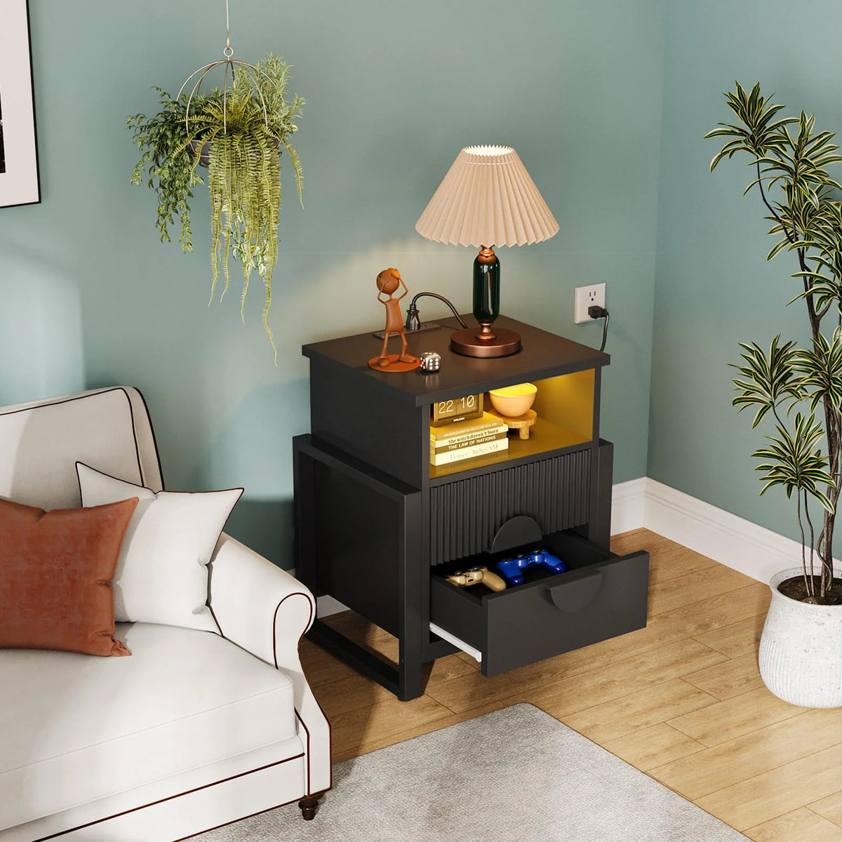 LGHM 3 Piece Bedroom Dresser and Nightstand Set, Fluted Wide Chest of Drawers, Bed Side Table End Table with LED Lights for Living Room, Black