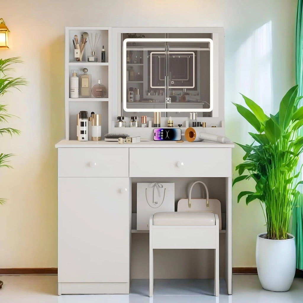 Montary Modern Mini Vanity w/Adjustable LED Mirror + Hidden Storage, Padded Stool & Dustproof Shelves (White)