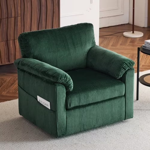 FFH 33" Oversized Swivel Accent Chair,Armchair with Side Pocket,Upholstered Corduroy Lounge Chaise Chair,Barrel Chairs,Comfy Single Sofa Chair for Living Room Reading Bedroom Office,Black