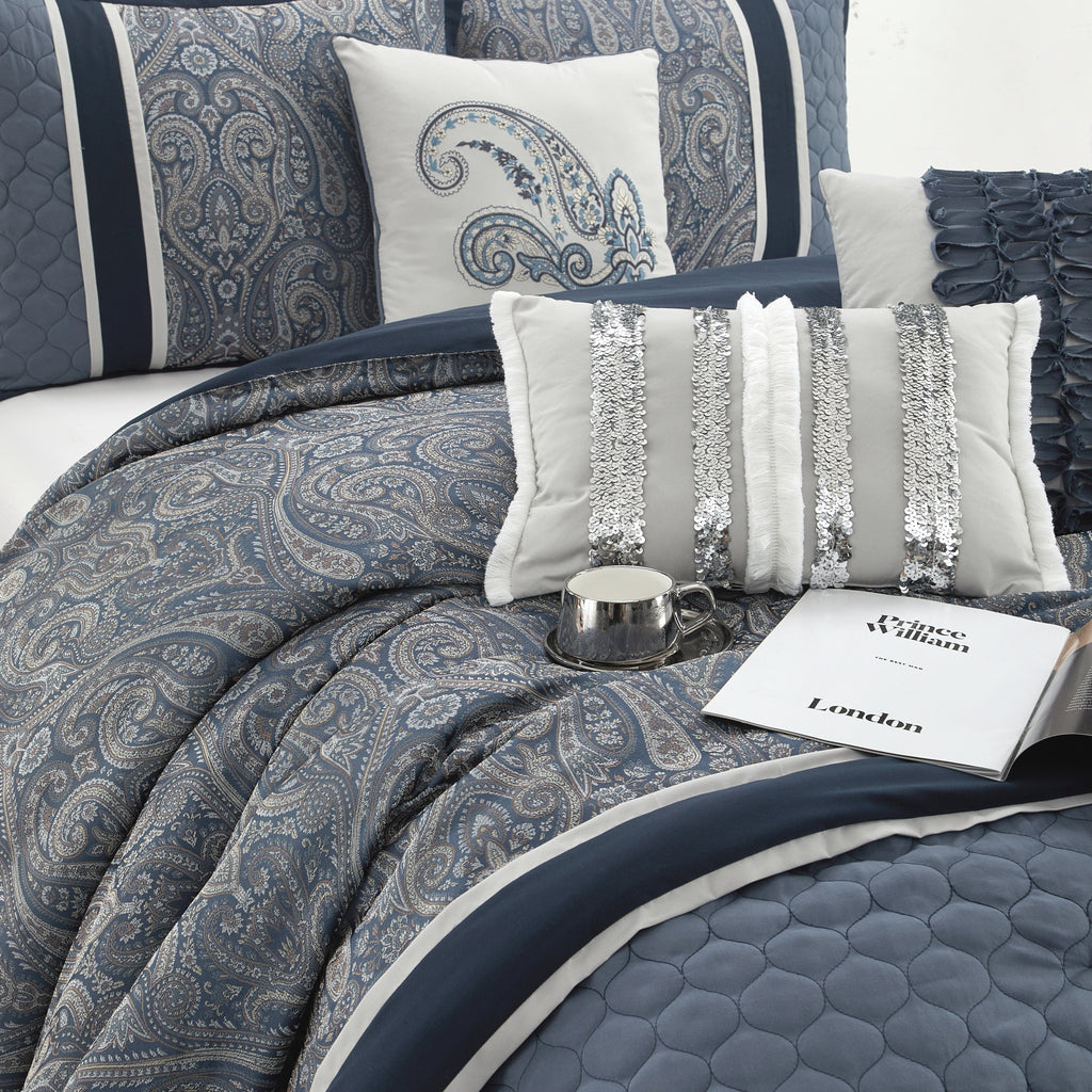 Lanco Smoke Grey Comforter Set California King Size, 9 Piece Jacquard Floral Bedding Set, All Season, Ultra-Soft, Matching Pillows & Shams, Bed Skirt