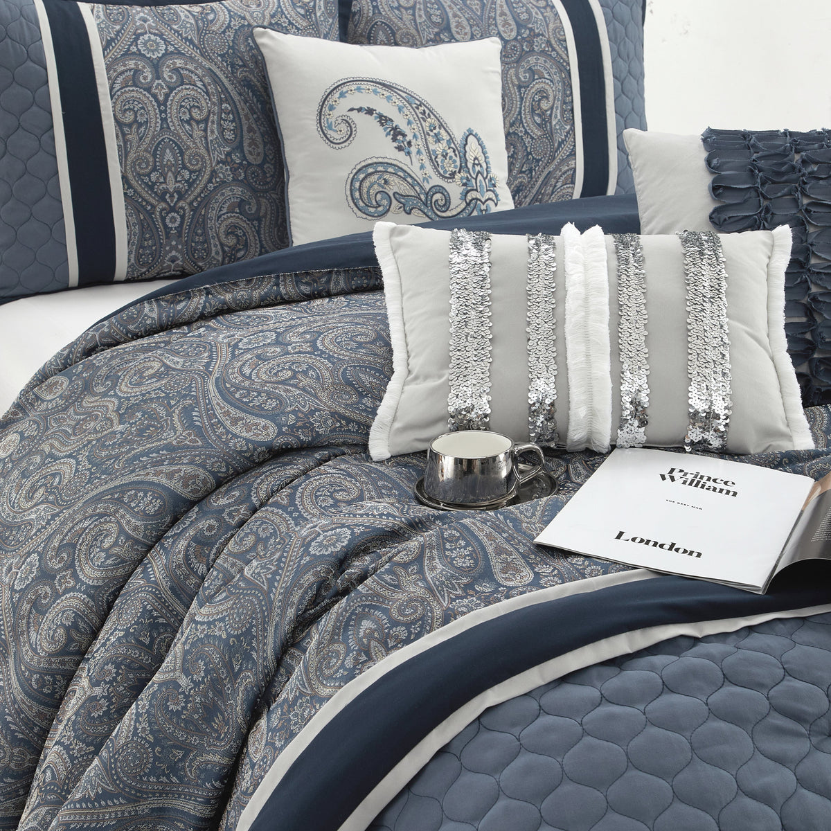 Lanco Smoke Grey Comforter Set California King Size, 9 Piece Jacquard Floral Bedding Set, All Season, Ultra-Soft, Matching Pillows & Shams, Bed Skirt