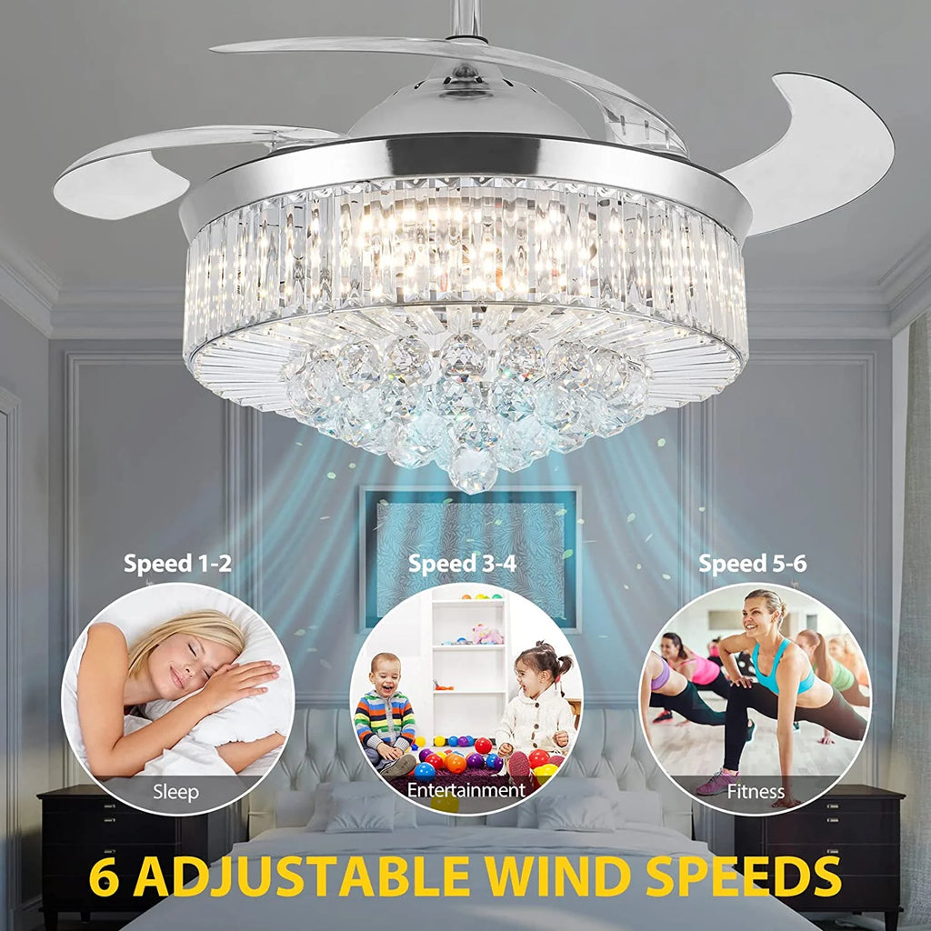 Datingday 42 Inch Crystal Ceiling Fan Golden Crystal Ceiling Fan Chandelier with Remote 6 Speeds 3 Colors Changes Lighting Fixture, 4 Blades Retractable Fans for Bedroom Living Room Dining Room
