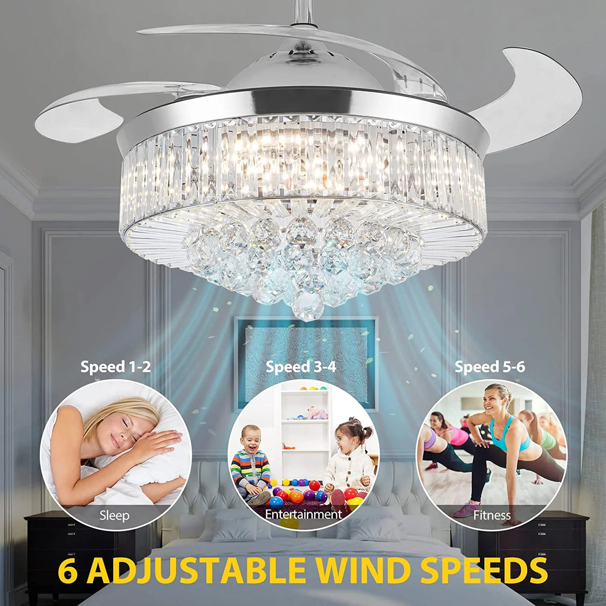 Datingday 42 Inch Crystal Ceiling Fan Golden Crystal Ceiling Fan Chandelier with Remote 6 Speeds 3 Colors Changes Lighting Fixture, 4 Blades Retractable Fans for Bedroom Living Room Dining Room