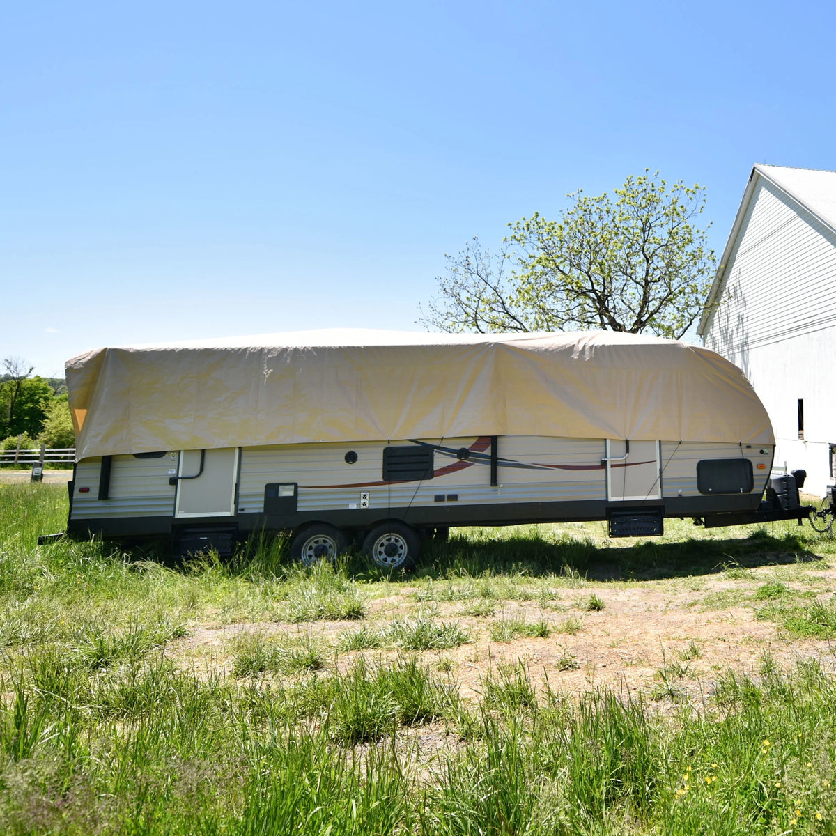 Budge Industries RV Rooftop Cover Fits Multiple RV Classes up to 50' Long (Tan, Polyester), 24' Long x 16' Wide