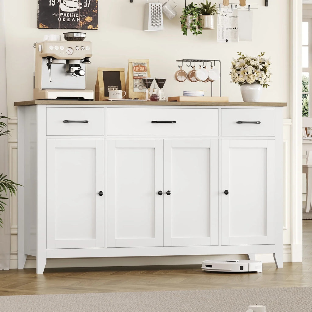 Hiphuta 55"Wide Buffet Cabinet with 2 Adjustable Shelves, Modern Farmhouse Coffee Bar with 3 Drawers and Sturdy Base for Living Room, White
