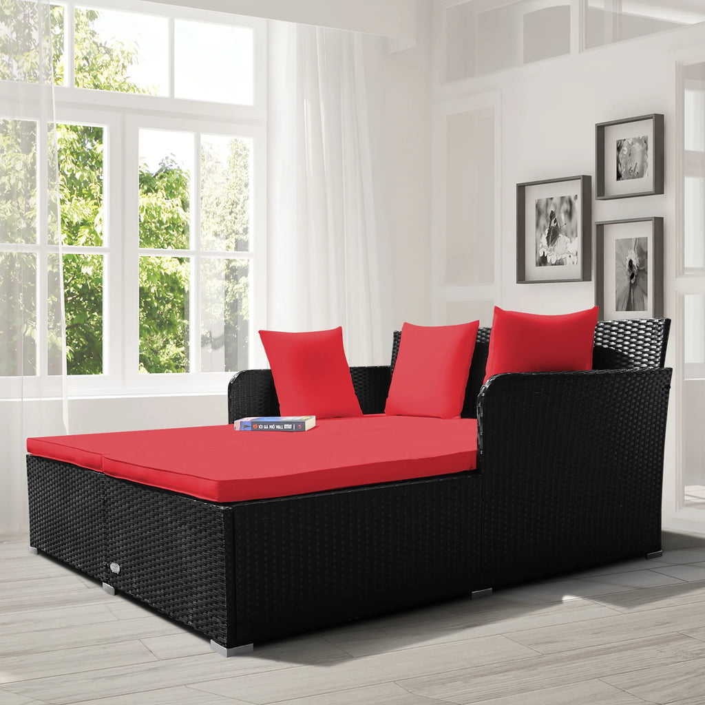 Costway Outdoor Patio Rattan Daybed Pillows Cushioned Sofa Furniture Beige