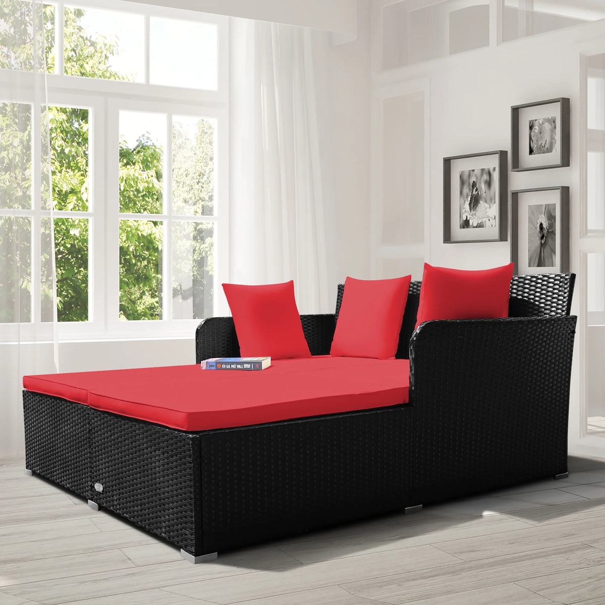 Costway Outdoor Patio Rattan Daybed Pillows Cushioned Sofa Furniture Beige