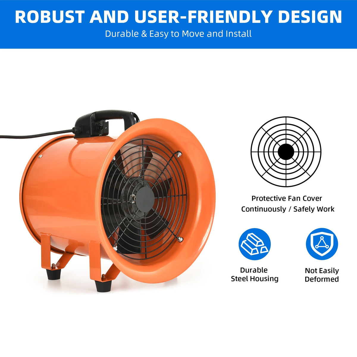DEXTRUS 12" Utility Blower Extractor Fan, 3300 RPM High Velocity Utility Ventilator with 16ft Duct Hose for Factories, Basements, Orange