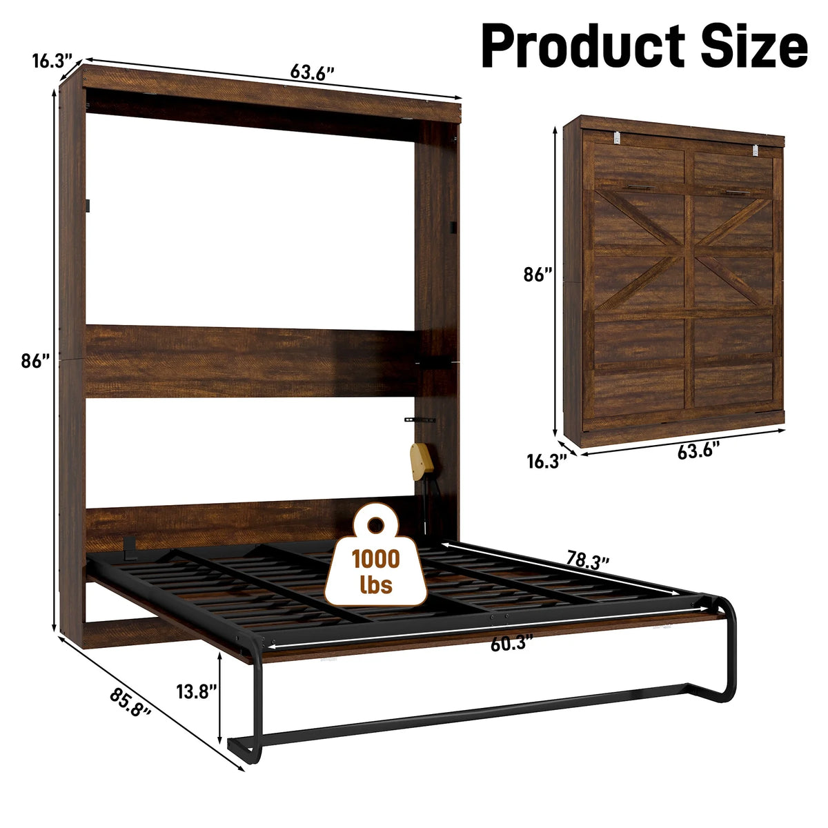 ANPOO Full Size Murphy Bed with 2 LED Lights, Farmhouse Wood Hidden Foldable Wall Bed Frame with Gas Struts, Storage Bed Cabinet for Bedroom, Office, Space-Saving, No Box Spring Needed