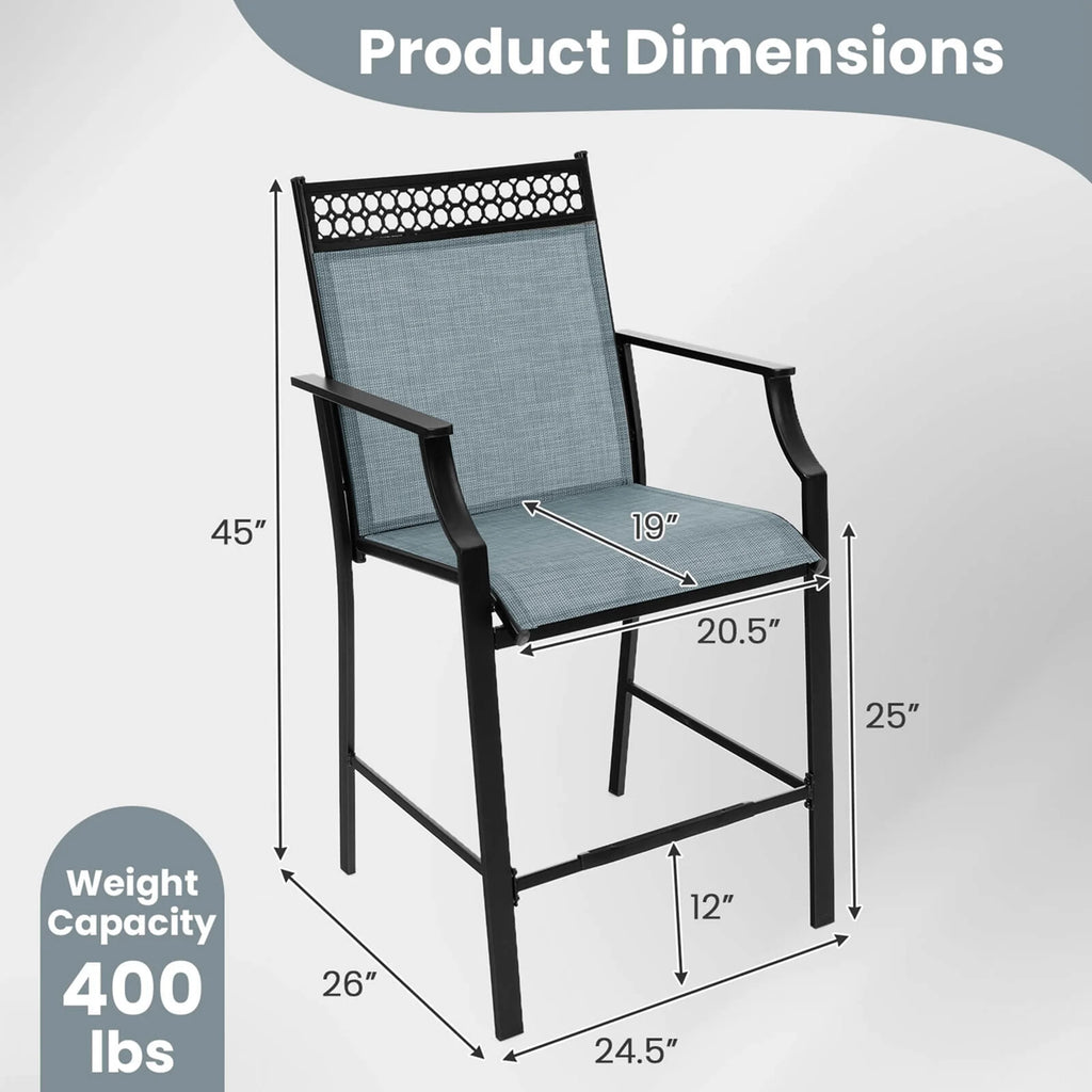 Costway Outdoor Counter Stools Set of 2 with Footrest & Armrests Metal Frame for Backyard Blue