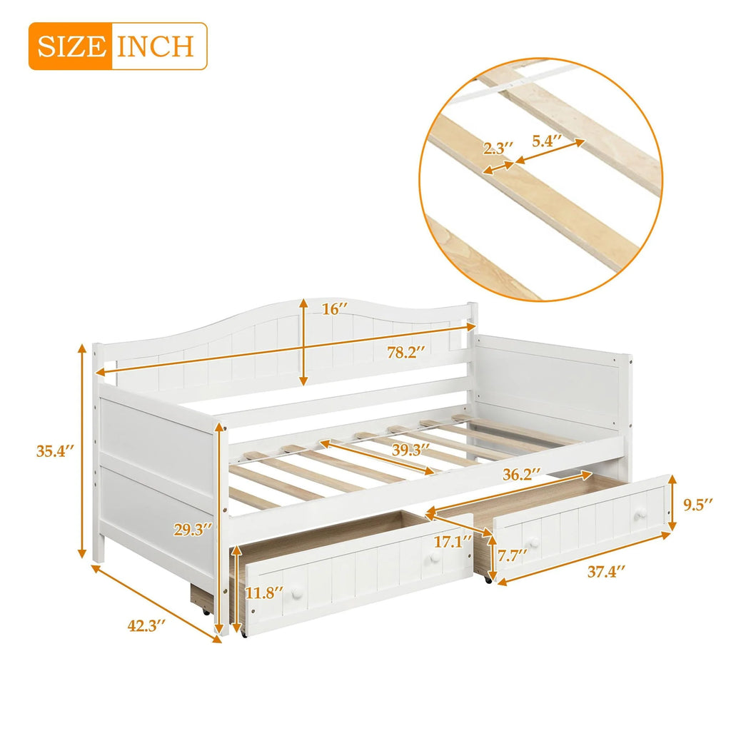 Twin Daybed with 2 Storage Drawers, Indoor Outdoor Sofa Day Bed Frame for Bedroom Living Room, White 78.2x42.3x35.4inch