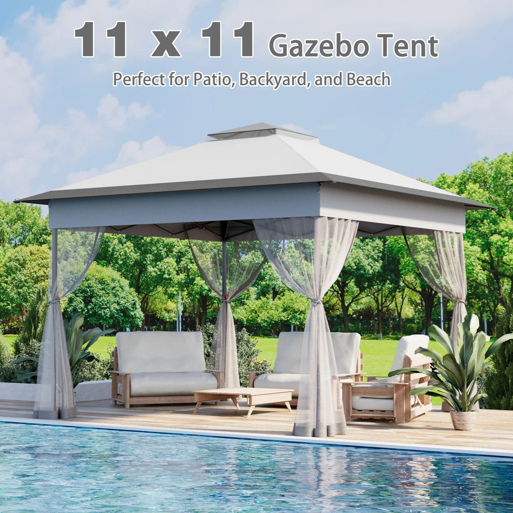 Bezseller 11x11 Pop up Gazebo, Outdoor Waterproof Canopy Tent with Mosquito Netting for Outdoors, Khaki