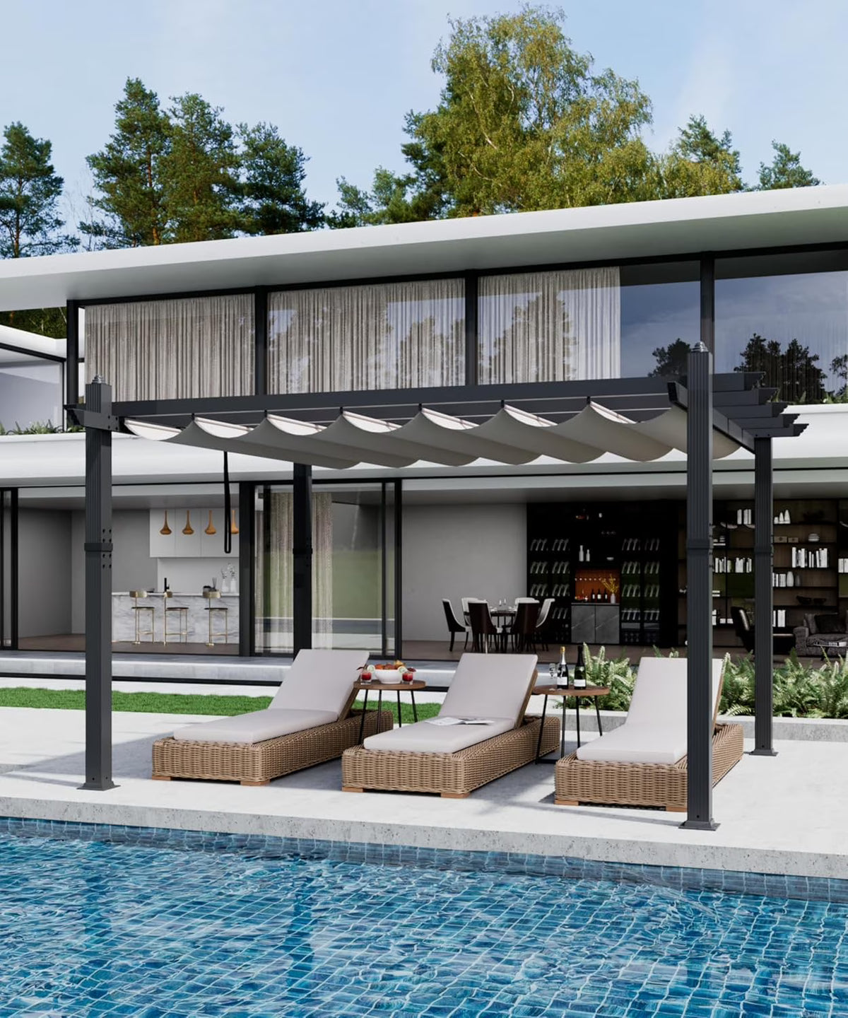 Outdoor Aluminum Pergola with Retractable Canopy, Reinforced 4-Sided Base, Waterproof & UV-Resistant Adjustable Roof, Modern Design for Patio, Deck, Backyard, and Garden