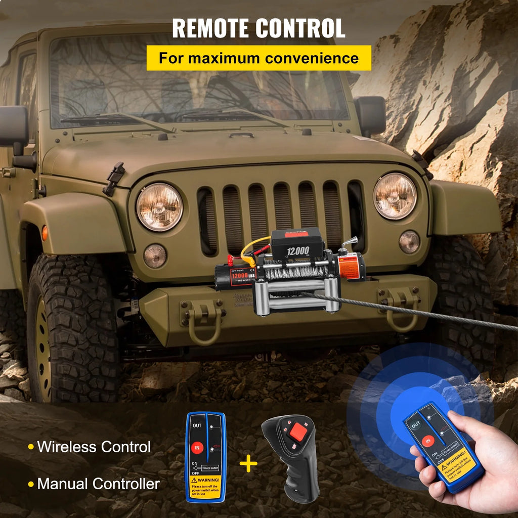 KFFKFF Truck Winch 12000Ibs Electric Winch 85ft/26m Steel Cable 12V Power Winch Jeep Winch with Wireless Remote Control and Powerful Motor for UTV ATV & Jeep Truck and Wrangler in Car Lift