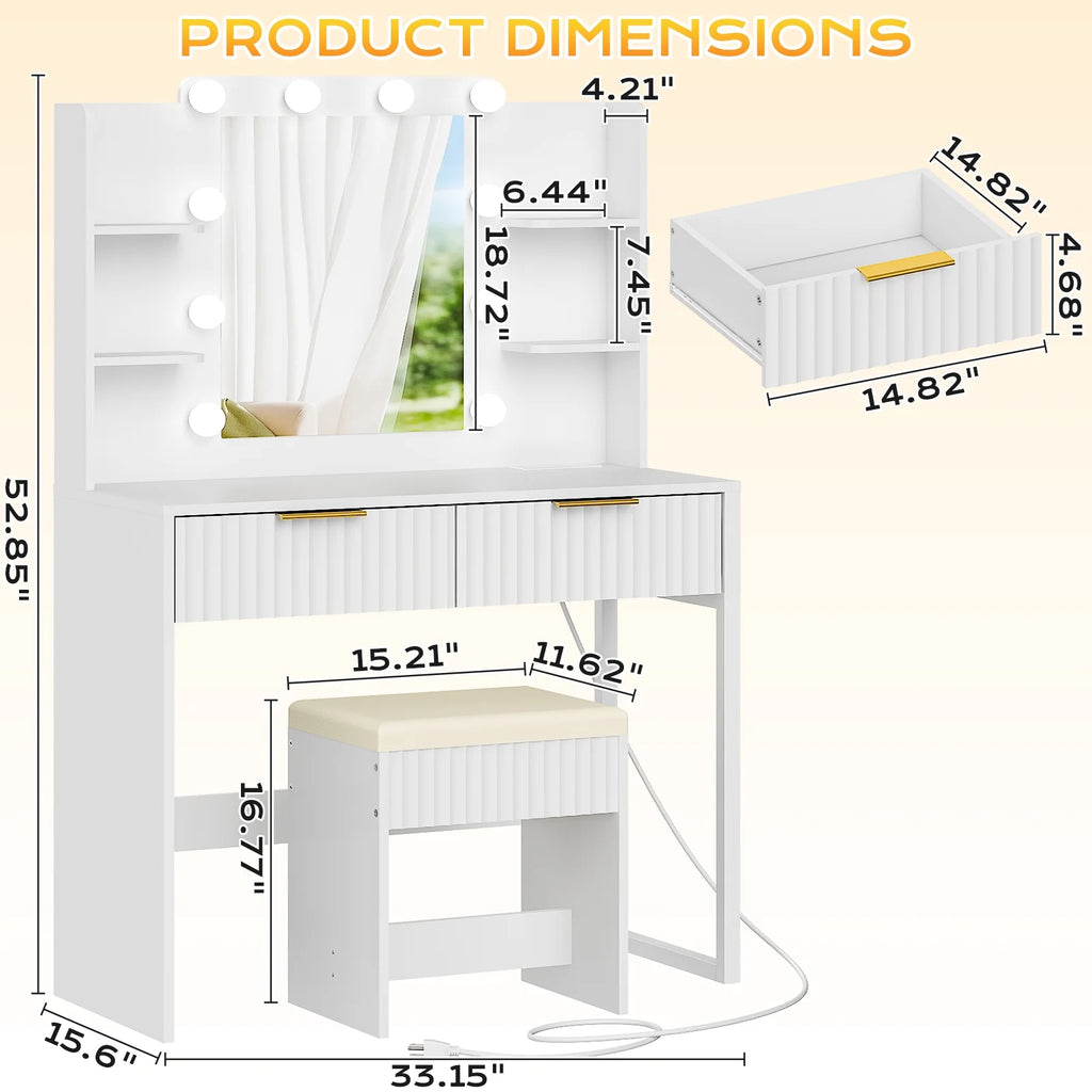 Ktaxon Lighted Makeup Vanity, White Vanity Table Set with 2 Drawer and Charging Station, Femal Gift